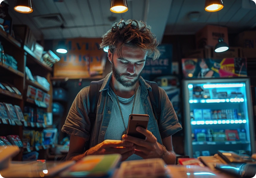 Image of a man using his cellphone to make a payment, demonstrating mobile payment convenience.